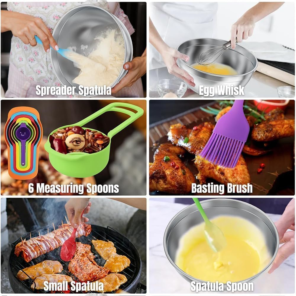Mixing Bowls with Lids Set, Stainless Steel, 7 Sizes (0.7-4.5QT), with 3 Grater Attachments, Nesting, Dishwasher Safe, for Cooking, Baking and Serving (Khaki-7 Sizes)
