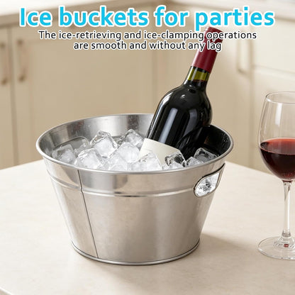 5 Pcs Large Metal Bucket Beer Bucket with Ice Shovels and Tongs Galvanized Steel Pail for Summer Pool Wedding Table Centerpiece Party Supplies (7.4 x 7.4 x 5.9 Inch,Silver)