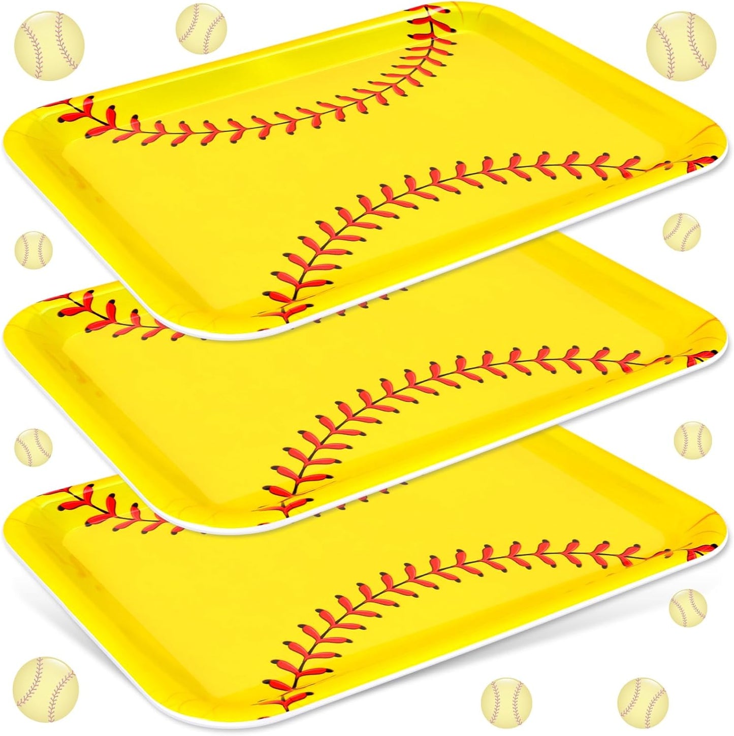 FYSUIMU 3Pcs Softball Serving Trays Reusable Serving Dishes Yellow Sports Ball Platter for Birthday Party Sharing Snacks Fruits Dessert, 13 x 10 Inch
