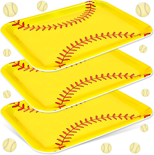 FYSUIMU 3Pcs Softball Serving Trays Reusable Serving Dishes Yellow Sports Ball Platter for Birthday Party Sharing Snacks Fruits Dessert, 13 x 10 Inch