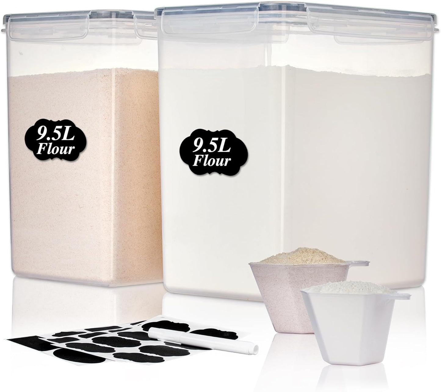 Vtopmart 4 PCS Large Food Storage Containers 5.2L / 175oz, 4 Pieces BPA Free Plastic Airtight Canisters for Flour, Sugar, Baking Supplies, Rice with Lids, 4 Measuring Cups and 24 Labels, Black