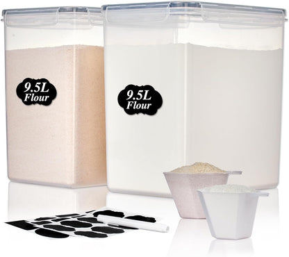Vtopmart 4 PCS Large Food Storage Containers 5.2L / 175oz, 4 Pieces BPA Free Plastic Airtight Canisters for Flour, Sugar, Baking Supplies, Rice with Lids, 4 Measuring Cups and 24 Labels, Black