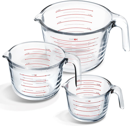 Eatex Glass Measuring Cups Set of 3 - Liquid Measuring Cups, Glass Measuring Cup Set - 1,2,4 Cup Measuring Cup - Dishwasher Oven, Microwave Safe Measure Cups