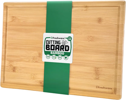 Freshware Wood Cutting Boards for Kitchen - Bamboo Cutting Board Set of 3, Cutting Boards with Juice Grooves, Serving Board Set, Chopping Board for Meat, Veggie, Easy Grip Handle (9x6", 12x8", 15x10")