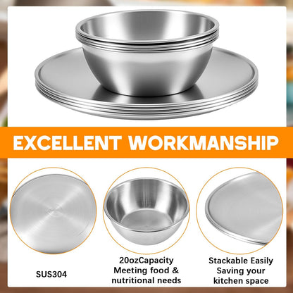 304 Stainless Steel Plates and Bowls Sets - 9 Inch Metal Camping Plates Reusable 20oz Steel Snack Bowls Feeding Serving Dinner Dishes for Adult Girls Boys