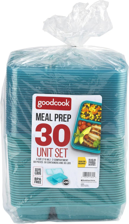 GoodCook Food Storage Containers for Meal Prep Rectangle Two Compartments & Made without BPA, 60-Piece Set, Teal