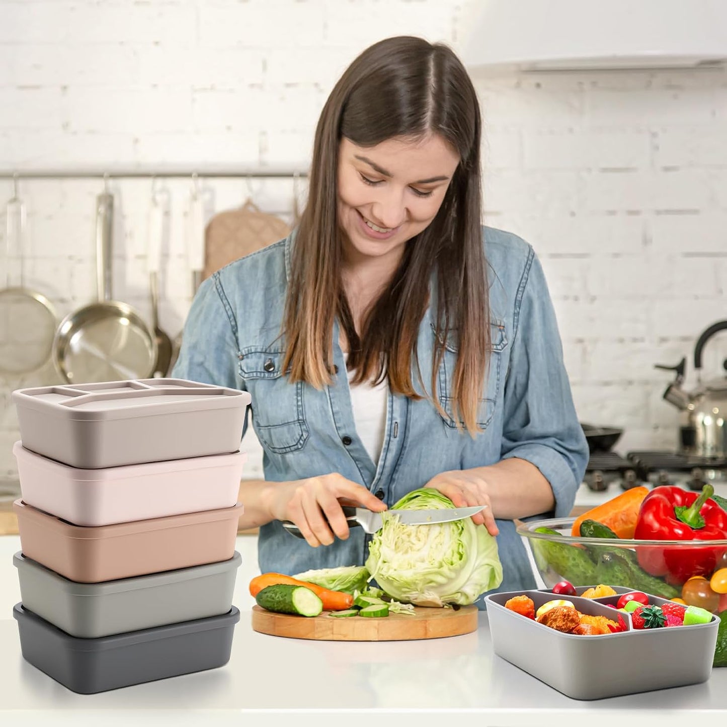 Honeydak 6 Pcs Silicone Bento Box Reusable Lunch Container 4 Compartment Snack Boxes with Lid Smooth LeakProof Rectangle Food Boxes for Adult Work Travel Food Storage (Cute Color)