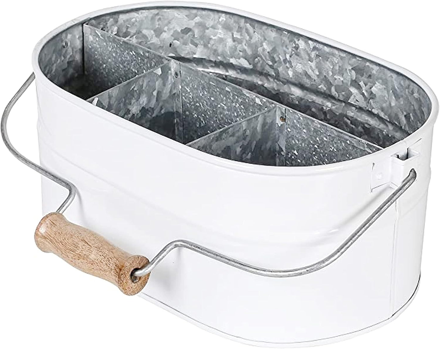 Light & Pro Multipurpose Galvanized Rustic Farmhouse Caddy - Metal 4 Compartment Storage Bin Caddy With Wooden Handle Perfect For Kitchen Utensils, Picnic, Garden Planter - Hammered - Antique Grey