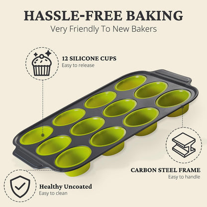 BRONYPRO Silicone Muffin Pans for Baking with Metal Frame, Egg Bite Molds, Cupcake Pans 12 Regular Size, Muffin Tins Easy to Pop Nonstick Non Toxic Bakeware for Oven,Blue