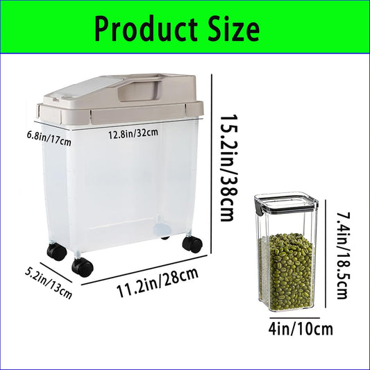 10LRice Container and1.3LStorage container,Storage container Airtight Rice Storage Container with Scale Wheels and Measuring cup, BPA Free Food Dispenser for Rice, Flour, Cereal, Pantry Organization