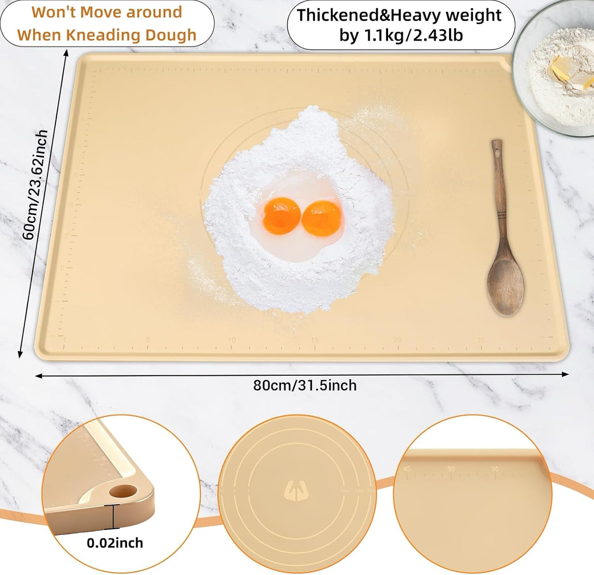 32"x24" Extra Large Silicone Pastry Mat Ink-Free Molded Measurements