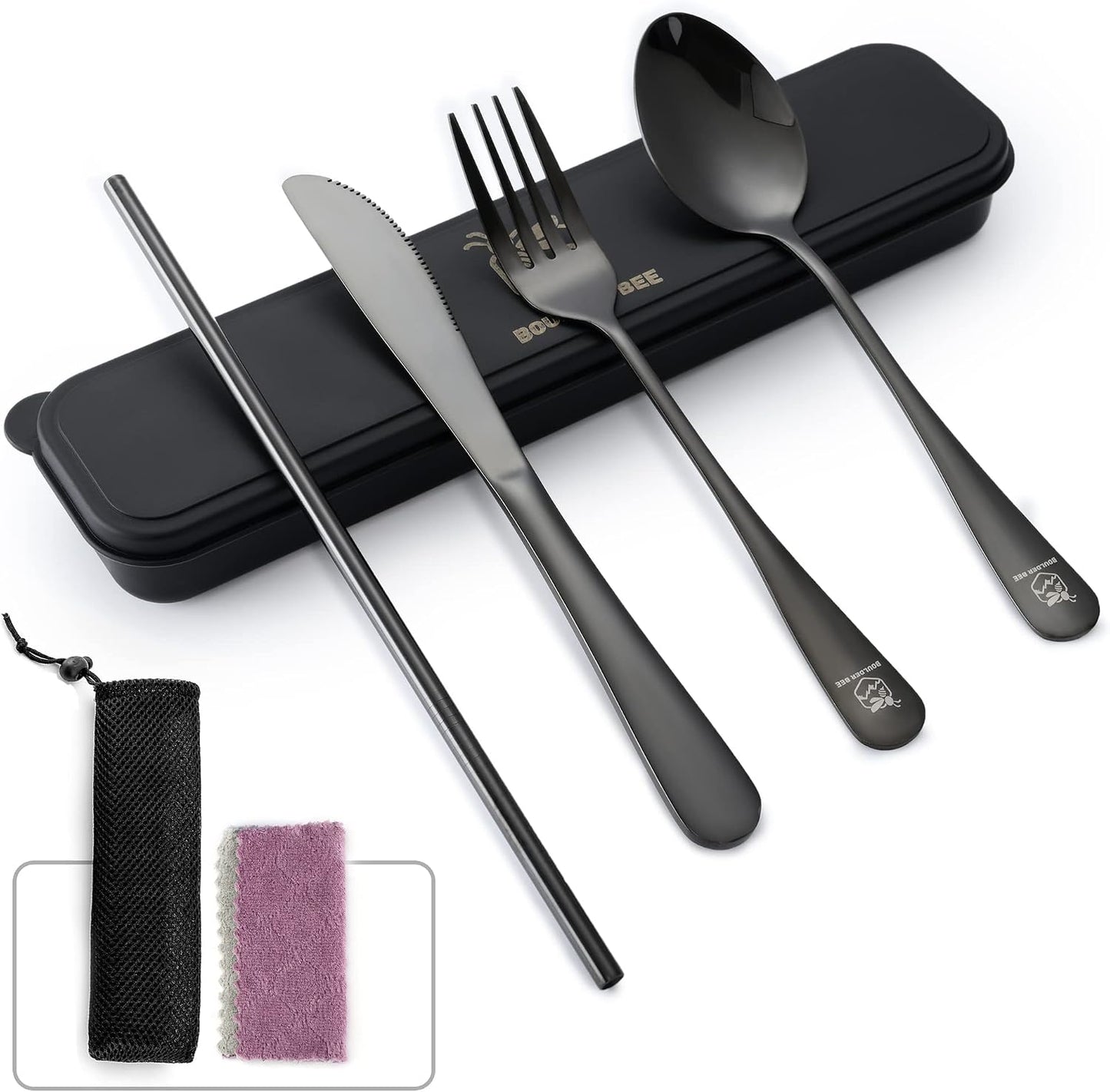 Boulder Bee | Travel Utensils Set | Reusable Camping Cutlery Set | Stainless Steel Flatware Set | Portable Silverware Set with Case | Includes Knife/Fork/Spoon/Straw/Cleaning Cloth/Case (Purple)