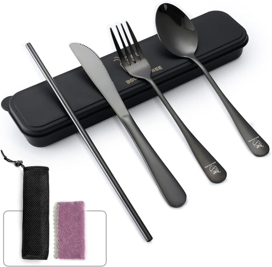 Boulder Bee | Travel Utensils Set | Reusable Camping Cutlery Set | Stainless Steel Flatware Set | Portable Silverware Set with Case | Includes Knife/Fork/Spoon/Straw/Cleaning Cloth/Case (Purple)