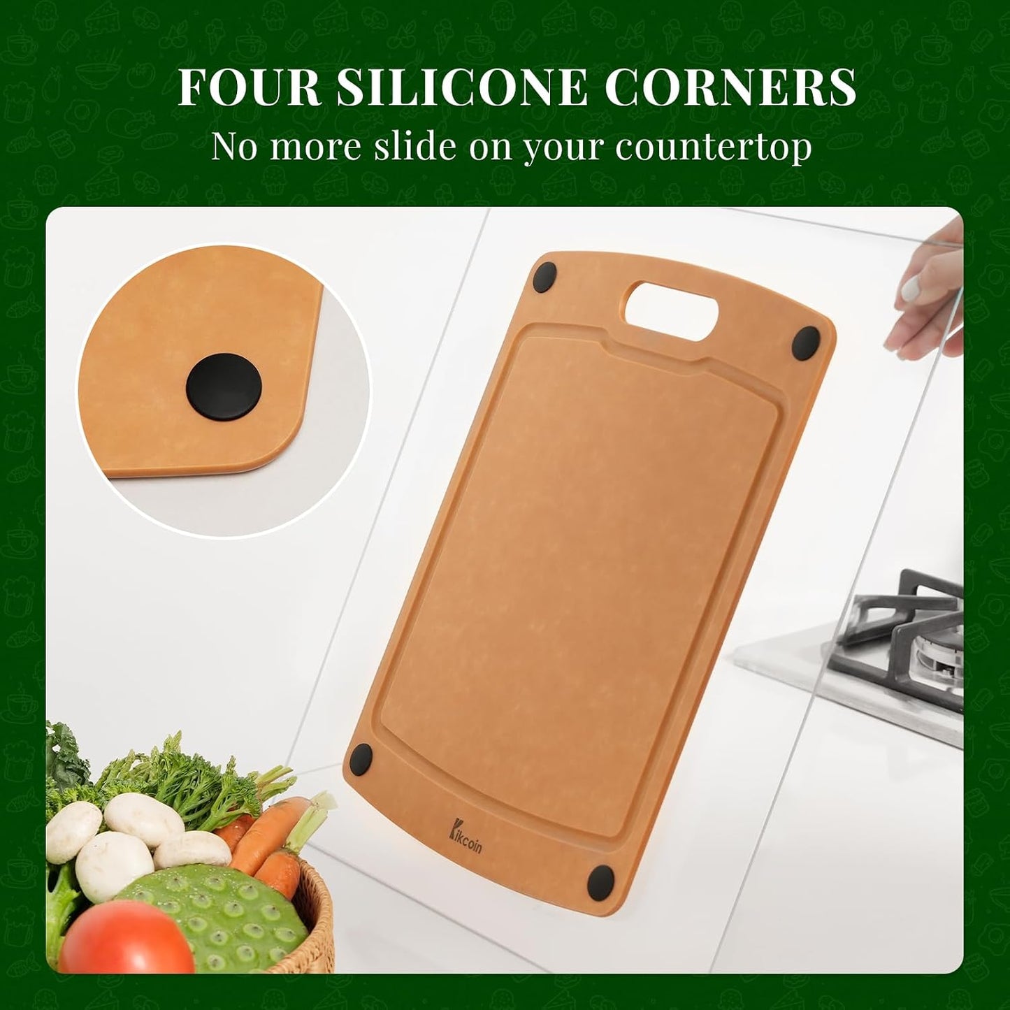 Kikcoin Wood Cutting Board, Cutting Boards for Kitchen Dishwasher Safe Non-slip Chopping Board with Juice Groove, Wood Fiber Composite Cutting Board with Hanging Hole, 14.6"*10.8"