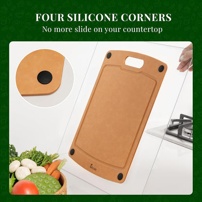 Kikcoin Wood Cutting Board, Cutting Boards for Kitchen Dishwasher Safe Non-slip Chopping Board with Juice Groove, Wood Fiber Composite Cutting Board with Hanging Hole, 14.6"*10.8"