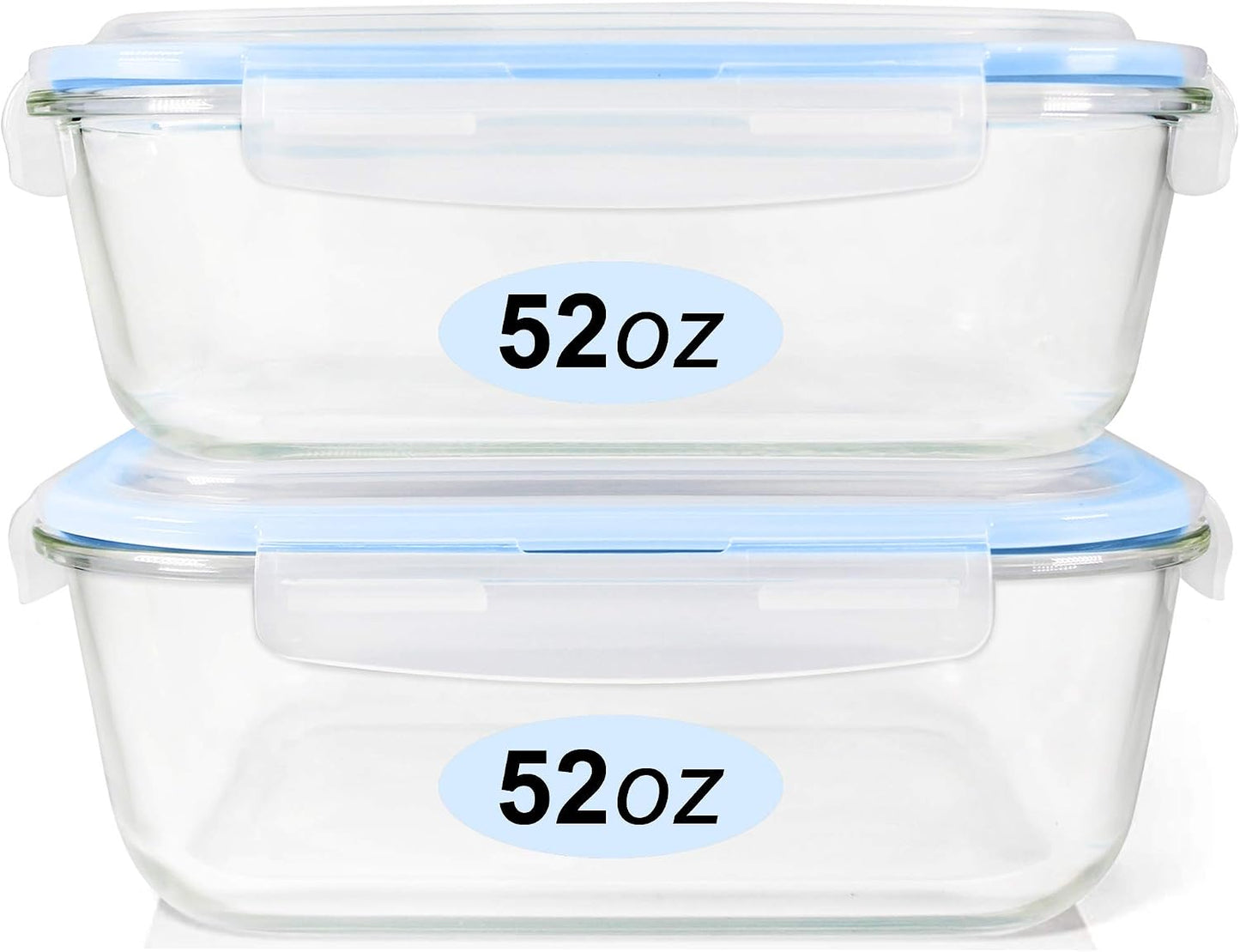 Glass Food Storage Containers Set, Large Size Containers with Lids, BPA-free Locking lids, 100% Leak Proof Glass Meal Prep Containers, Freezer to Oven Safe (2 Pack of 52oz)