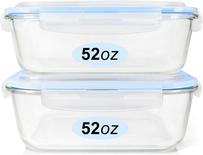 Glass Food Storage Containers Set, Large Size Containers with Lids, BPA-free Locking lids, 100% Leak Proof Glass Meal Prep Containers, Freezer to Oven Safe (2 Pack of 52oz)