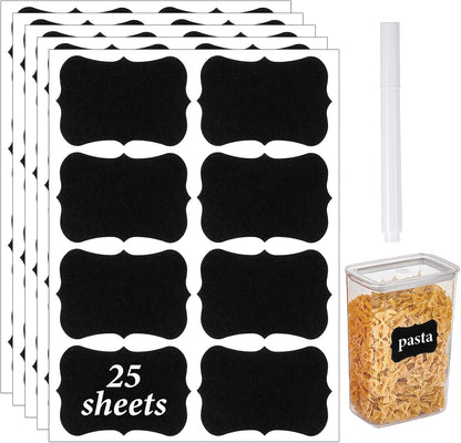 Qianyu 200 Pcs Waterproof Blackboard Stickers Chalkboard Labels Erasable Reusable Blackboard Labels with 1 Liquid Chalk Markers Pen for Jars Parties Decoration Craft Rooms Weddings Storage Organize