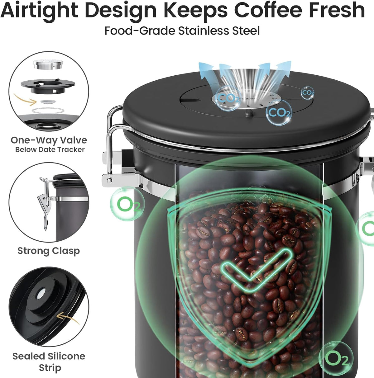 Veken Coffee Canister with Window, Family Choice Awards Winner, Airtight Stainless Steel Home Kitchen Food Storage Container with Lids for Grounds, Beans, Tea, Flour,Cereal,Sugar Jars,Scoop,16OZ,Black