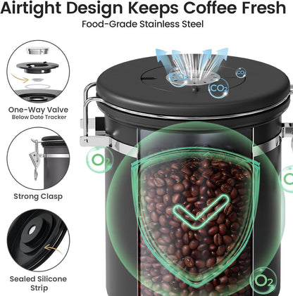 Veken Coffee Canister with Window, Family Choice Awards Winner, Airtight Stainless Steel Home Kitchen Food Storage Container with Lids for Grounds, Beans, Tea, Flour,Cereal,Sugar Jars,Scoop,16OZ,Black