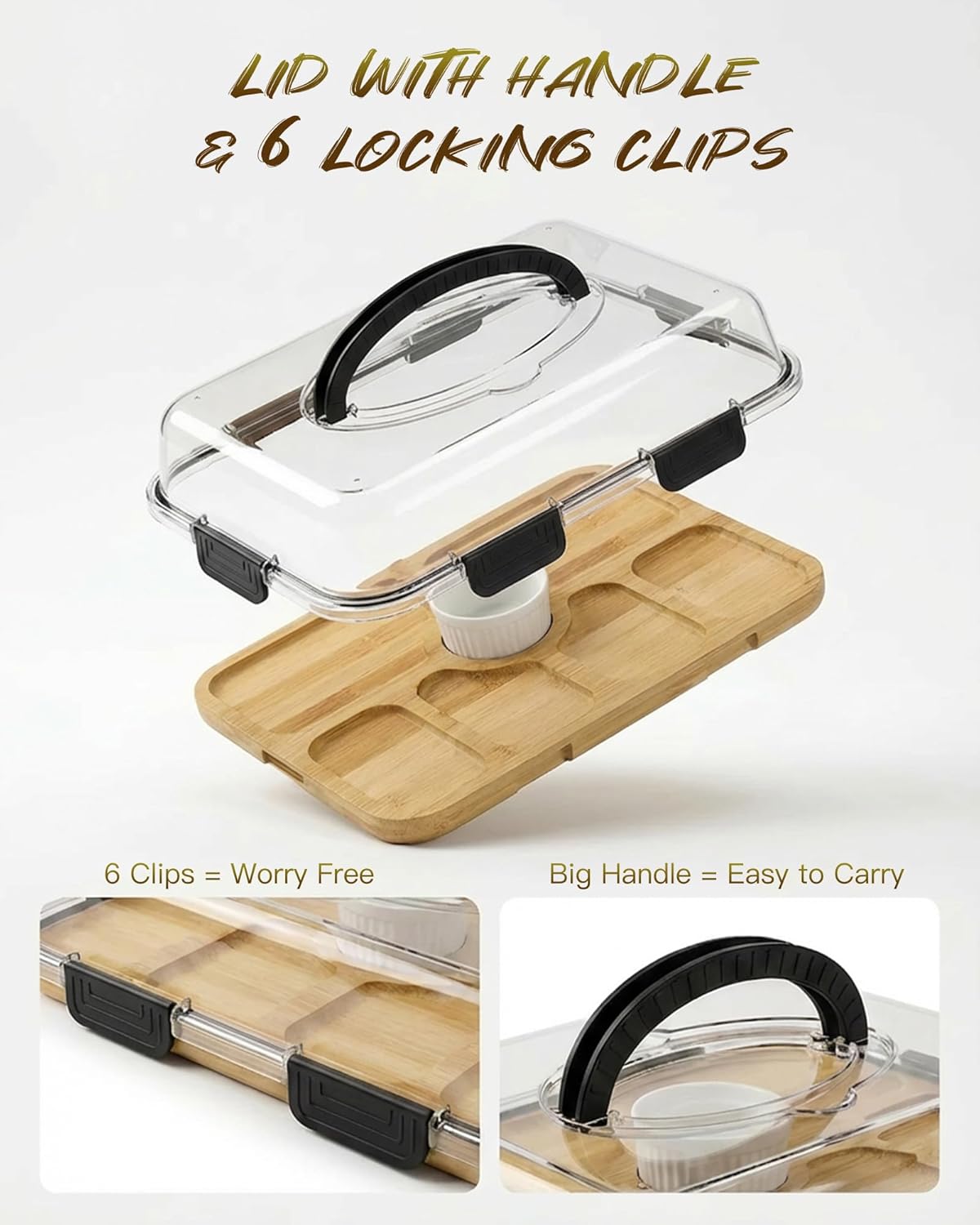 Charcuterie Board with Lid & Ice, Upgraded 6 Snap Laches, Sauce Cup Included, Large Portable Cheese Tray with Handle, Serving Tray for Picnic & Pool, House Warming Gifts New Home (Black)