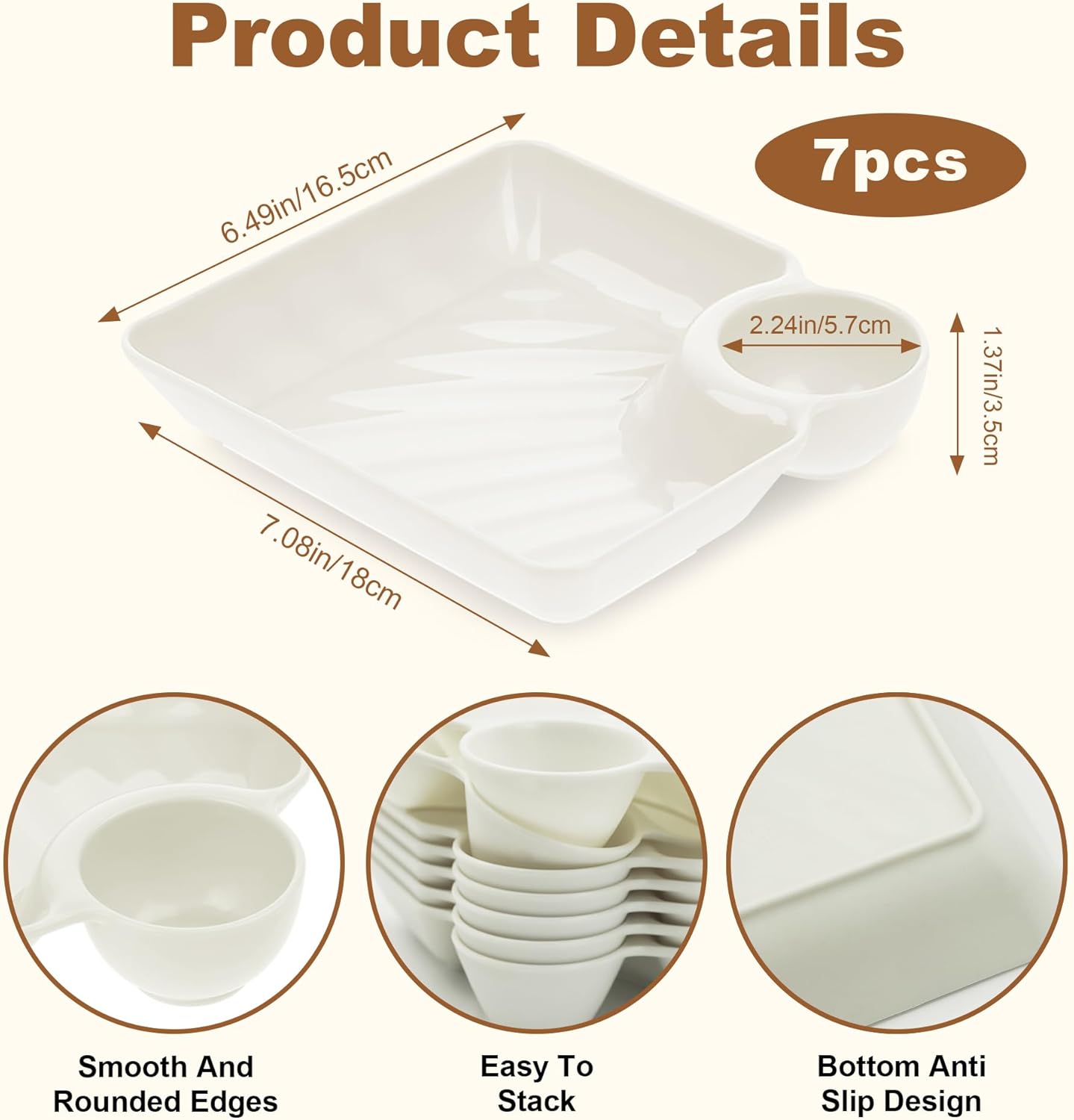 7Pcs Chips and Dip Serving Dish, Plastic Divided Serving Tray, Snack Plates with Dipping Sauce Compartment, ATSKIM Serving Bowls for Entertaining, Parties (White)