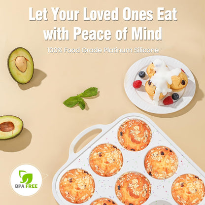 Silicone Muffin Pans With Metal Reinforced Frame - 24 Cups Durable Silicone Baking Pan for Muffins, Cupcakes, BPA Free and Dishwasher Safe - Beige with Rainbow Spots, Set of 2