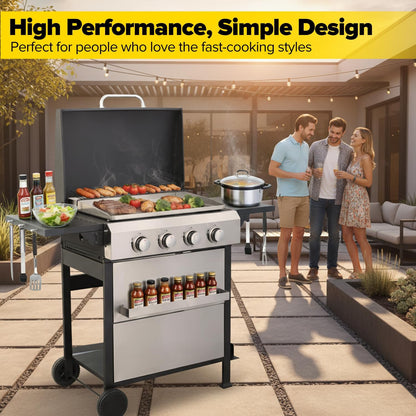 CIG GARDEN 3-Burner Gas Grill & Griddle Combo, 2-in-1 Propane BBQ with Stainless Steel Griddle, Cast Iron Grates & Lid - 30,000 BTU Flat Top for Patio, Backyard, Camping