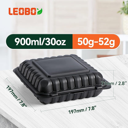 Takeout Container Mineral Filled PP Plastic - 7.8 Inch 30oz 65 Pack BPA Free 3 Compartments Shrink Wrap Bento Box | Freezer & Microwave Safe for Picnic | Black Reusable & Disposable Containers