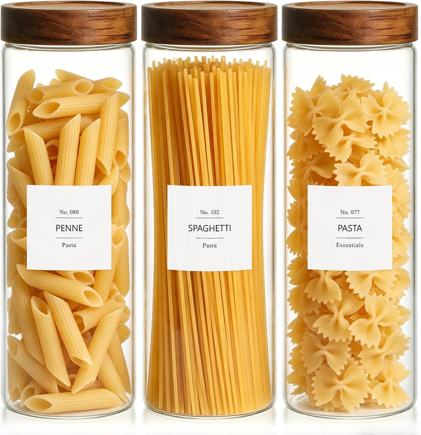 KEYWING 88oz Large Glass Jars with Airtight Acacia Wood Lids, Set of 3 Food Storage Containers for Flour, Sugar, Rice, Pasta, Cereal, Cookies – Includes 126 Labels
