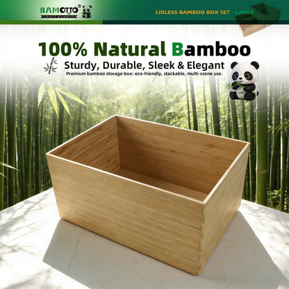 BAMOTTO CRAFTBAMBOO 2-Piece Large Bamboo Storage Box Set - 7.1in High Stackable Deep-Drawer Organizer, Lidless Bin for Kitchen Cutlery Utensils, Home & Office (14.6"x10.2"x7.1"+14.6"x10.2"x3.1")