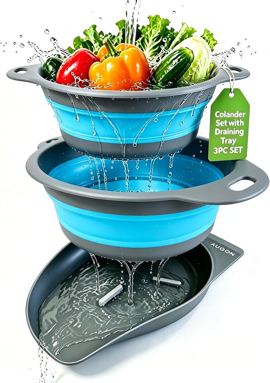 AUOON Collapsible Colander Set (3QT + 4QT) with Draining Base, Gray+Blue