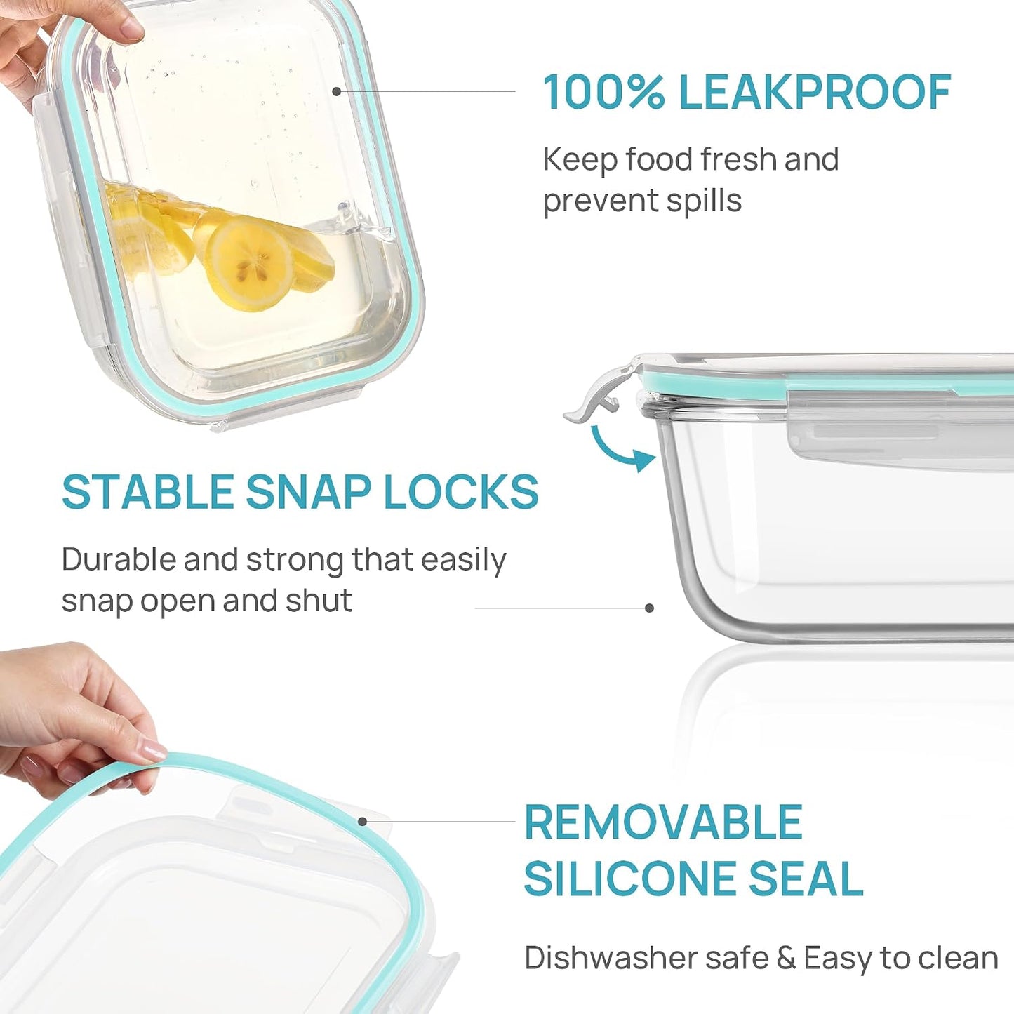 Vtopmart 2Pack 1860ml/63oz Large Glass Storage Containers with Lids, Meal Prep Food Container Set with Snap Airtight Lid for Baking, Microwave, Oven, Leak Proof, for Freezer, Dishwasher, Grey