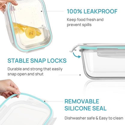 Vtopmart 2Pack 1860ml/63oz Large Glass Storage Containers with Lids, Meal Prep Food Container Set with Snap Airtight Lid for Baking, Microwave, Oven, Leak Proof, for Freezer, Dishwasher, Grey