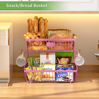 2 Tier Fruit Basket for Kitchen Counter with 2 Banana Hangers, Countertop Metal Bread Basket with Wooden Handle, Large Storage Stand for Vegetables, Snacks, Eggs, Produce Storage – Black