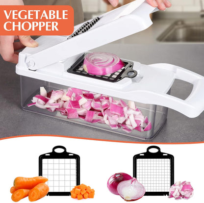 KEOUKE Vegetable Chopper Mandoline Slicer Grey - 12 in 1 Interchangeable Blades Food Chopper with Container, Hand Guard & Drainer, Veggie Dicer Kitchen Gadget for Onion, Cucumber, Tomato, Fruit