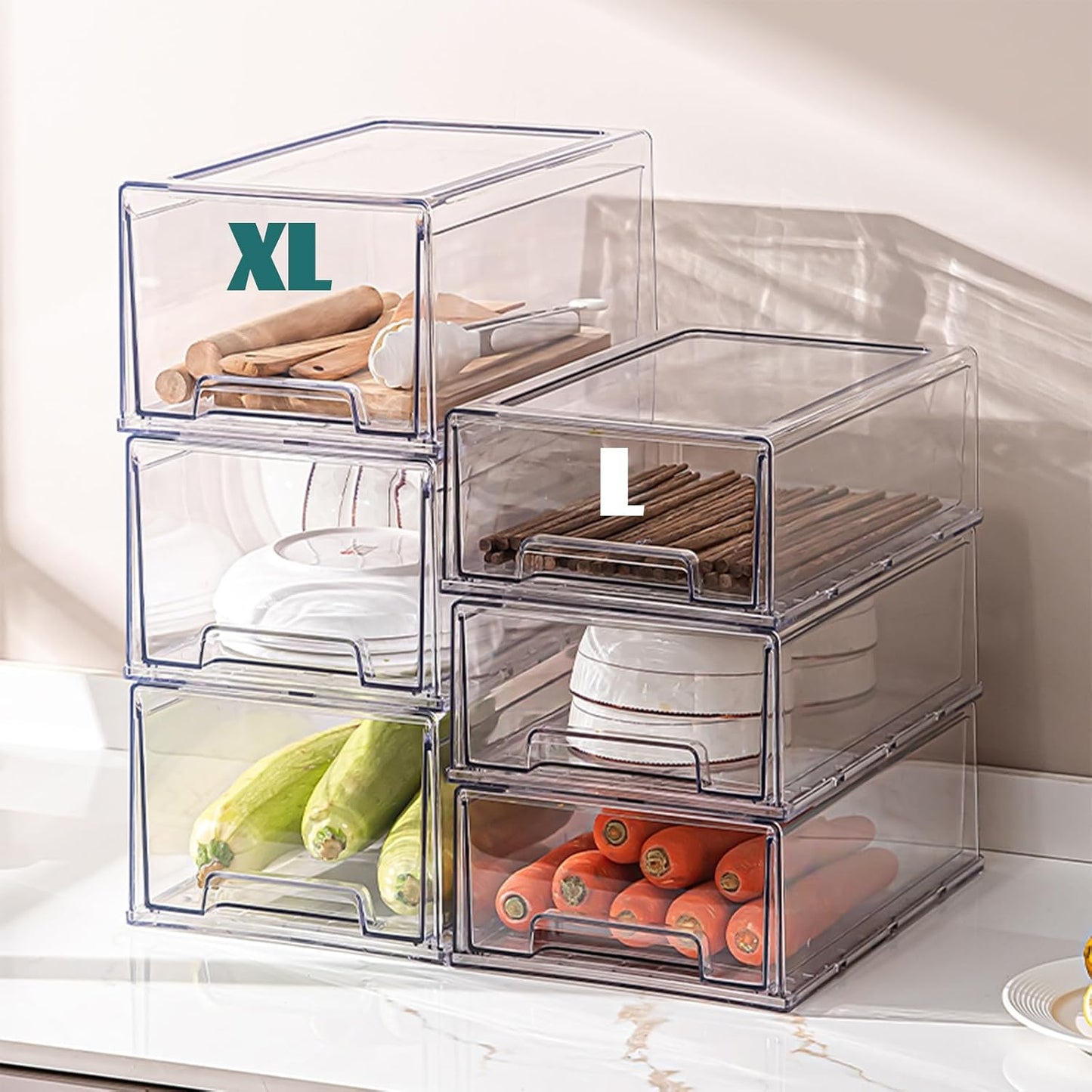 Clear Stackable Refrigerator Organizers and Storage Drawers - Pull-Out Fridge Bins with handles for Kitchen，Pantry，Cabinet，Bathroom, Undersink，Closet (2 Pack)