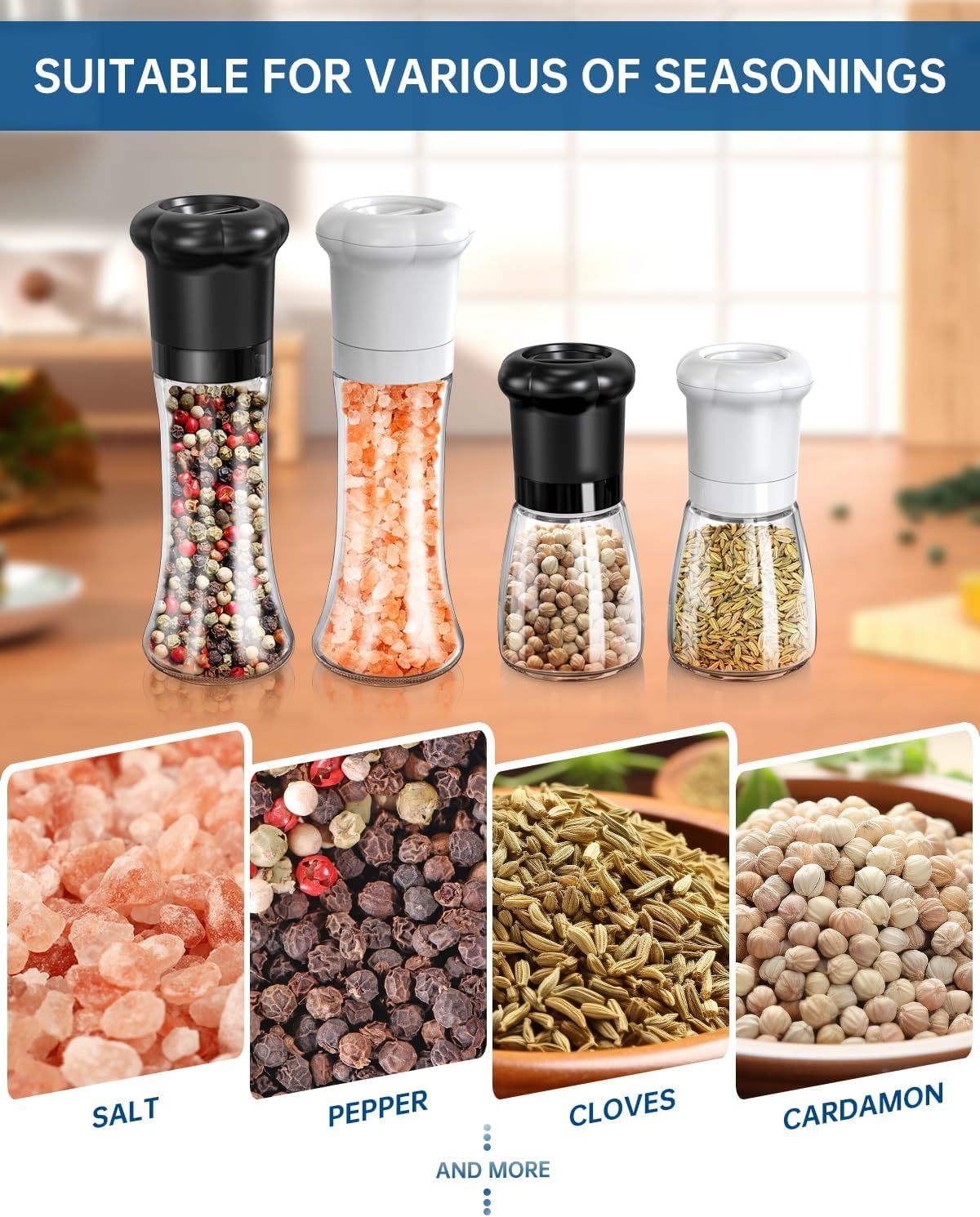 CIRCLE JOY Premium Manual Salt and Pepper Grinder Set, Refillable Salt and Pepper Shakers with Ceramic Blades, Adjustable Coarseness and BPA-free 180ml Glass Container, Tall Black White