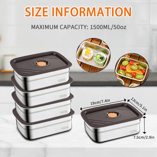 10PCS 50oz Stainless Steel Food Storage Containers with Airtight Lids, 1500ml Reusable Metal Meal Prep Container for Picnic Travel, Stackable Kitchen Lunch Snack Box, Freezer & Dishwasher Safe