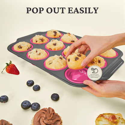 BRONYPRO Silicone Muffin Pans for Baking with Metal Frame, Egg Bite Molds, Cupcake Pans 12 Regular Size, Muffin Tins Easy to Pop Nonstick Non Toxic Bakeware for Oven,Blue