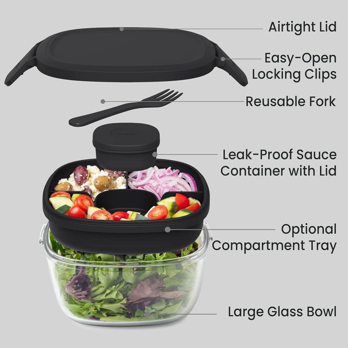Bentgo Glass Salad Container - 7.6-Cup Salad Bowl with Airtight Lid, Leak-Proof Sauce Container, 4-Compartment Bento Tray & Reusable Fork - BPA-Free for Meal Prep, Office & More (Light Blue)