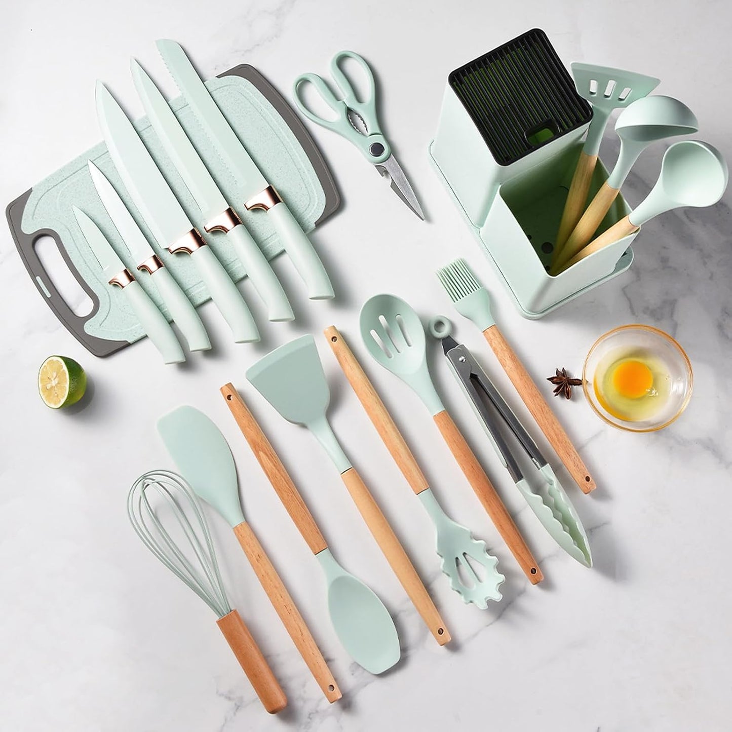 Non-Stick Silicone Cooking Utensils Set, 5 Pcs with Wooden Handle, Heat Resistant Silicone Kitchen Gadgets (Black)