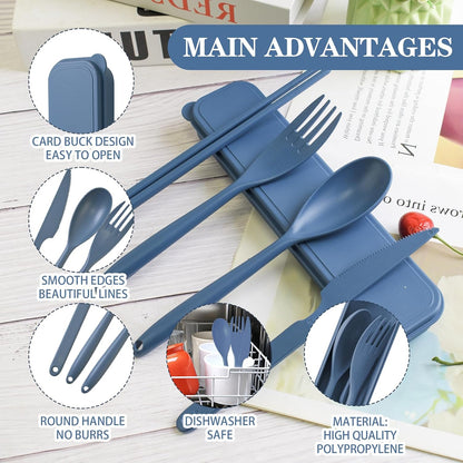 Large Reusable Travel Utensils Set with Case, Plastic Set for Adults Travel Picnic Camping, Portable Flatware Cutlery Set with Chopsticks for Daily Use(Black)