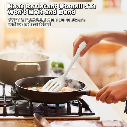 E-far 10 Pieces Silicone Cooking Utensils Set, Heat Resistant Kitchen Utensil Set for Nonstick Cookware, Kitchen Cooking Tools with Spatula, Spoon, Slotted Turner, Non-Toxic & Dishwasher Safe (Khaki)