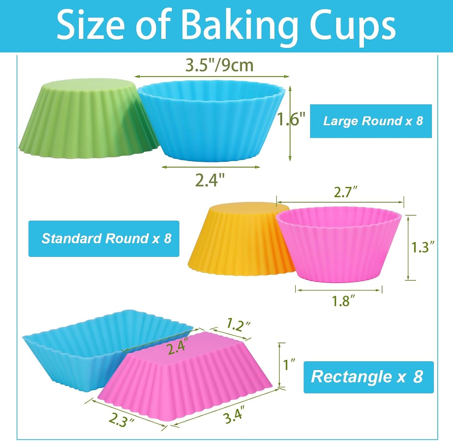 24Pack Silicone Muffin Cups, Reusable Cupcake Liners Molds for Baking, 3 Shapes Lunch Box Bento Dividers-Round, Square, and Rectangular (Orange Series, Regular Size)
