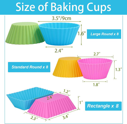 24Pack Silicone Muffin Cups, Reusable Cupcake Liners Molds for Baking, 3 Shapes Lunch Box Bento Dividers-Round, Square, and Rectangular (Orange Series, Regular Size)
