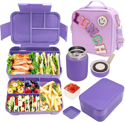 Insulated Lunch Bag for Boys Girls with 10oz Thermo, with 6 Compartment Bento Box, Black Nylon Preppy Lunch Box Adjustable Strap for Boy Girl Kids Teens School Travel Picnic