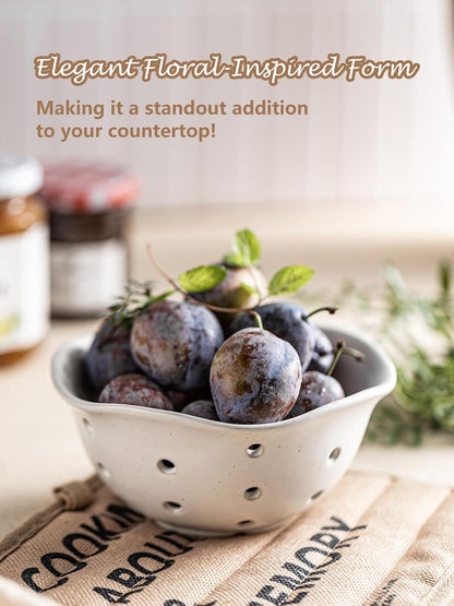 Gomakren Berry Bowls with Holes Ceramic, Berry Washing Bowl Basket Set of 2, 5.8 Inch Round Fruit Bowl Storage Containers, Strawberry Baskets, Farmhouse Kitchen Decor, Yellow + Brown