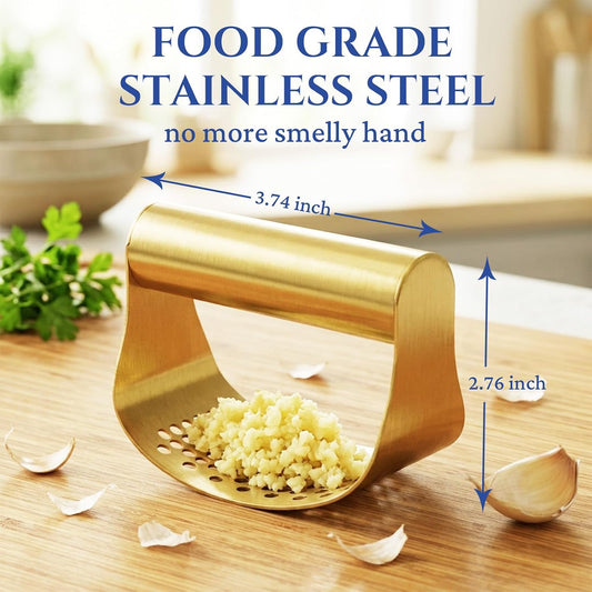 Smilecat Gold Stainless Steel Garlic Press Rocker Set with Garlic Peeler & Cleaning Brush, for Easy Peeling and Crushing of Garlic,Time Saving,Durable Kitchen Gadget,Garlic Mincer,Dishwasher Safe