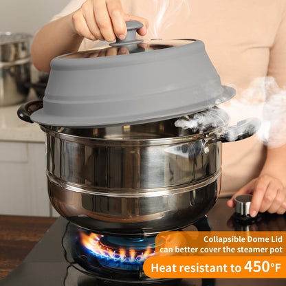 Collapsible Microwave Splatter Lid with Vented Tempered Glass Cover Wok Lid for Microwave Safe, Stockpot Steamer Pot Pan Round Bowl 6" 7" 8" 9" 10" 11" 12" Universal Multifunction Silicone Cover